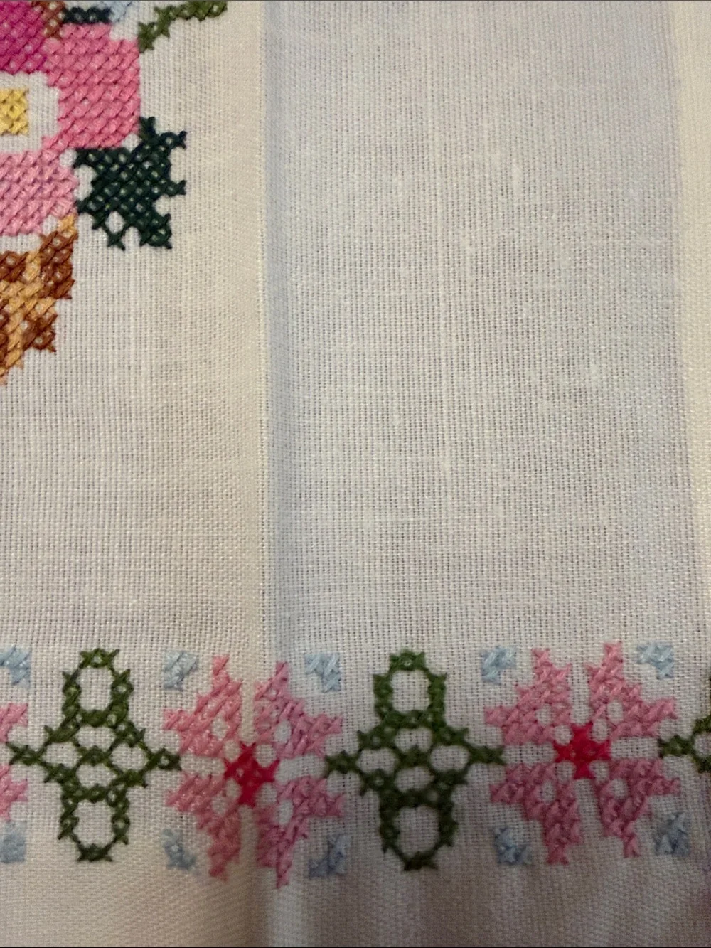 Vintage Linen Towels - Cross Stitch Flower Basket- Set/2 - Pink & Blue